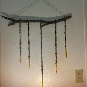 Bohemian Beaded Wall Hanging with Driftwood and Yellow Accents